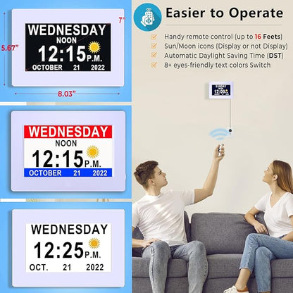MASSII 27 Alarms Digital Talking Clock with Time Date Announcement, Auto DST, 20 Custom Reminders, 10-Level Dimmer, Sleep Trainer, Large Day Calendar Clock for Elderly Dementia Alzheimers -with Remote