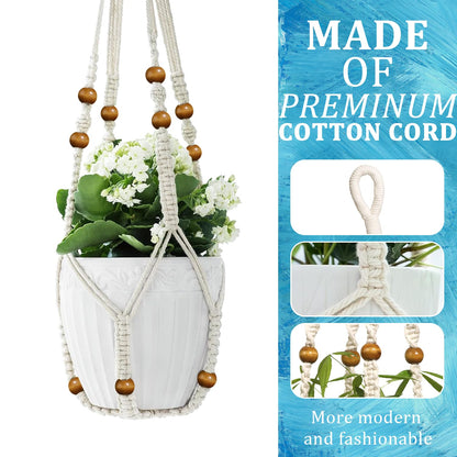 MENG ZHI AO 3 Pcs 35 Inch Macrame Plant Hanger Flower Pot Hanging Plant Holder No Tassels Decorative Hanging Planter Basket with Wood Beads for Indoor Outdoor Home Decor (Ivory)