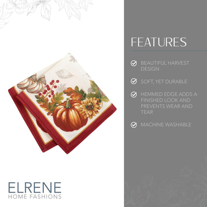 Elrene Home Fashions Swaying Leaves Bordered Fall Napkins, Seasonal Dinner Napkins for Formal or Everyday Use, 17" x 17", Set of 8