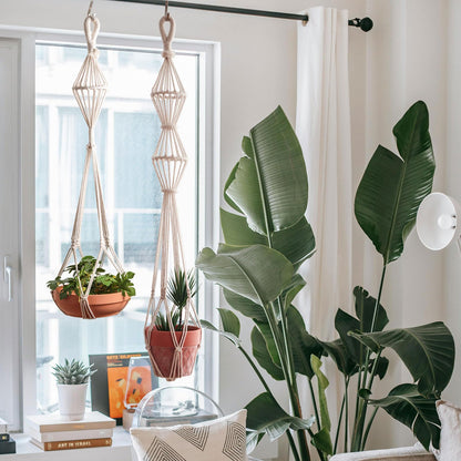 XINBOR Hourglass Floating Macrame Plant Hangers 2 Pack Handmade Cotton Rope Hanging Planters Basket with S Hooks, Diamond Openwork Boho Home Decor for Indoor Outdoor, Plants Holder 35" & 39” (White)