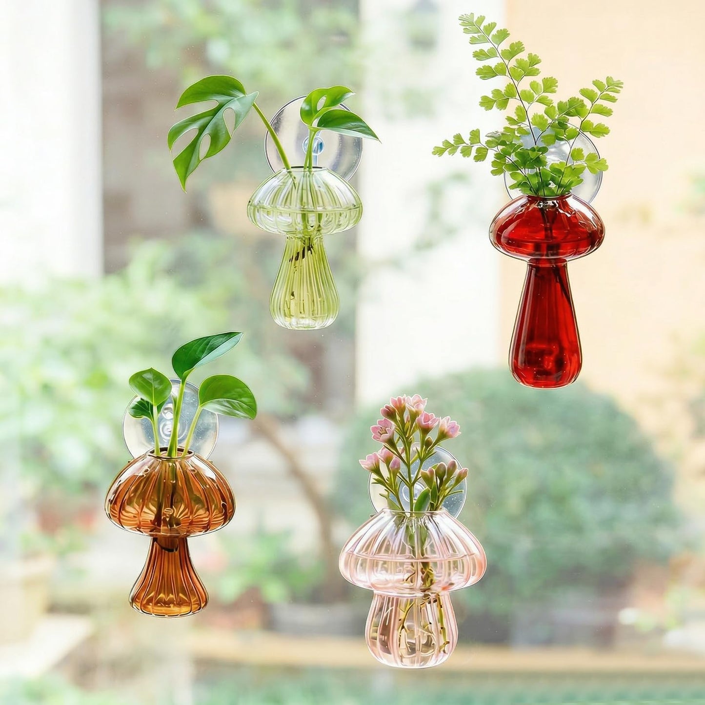 Window Propagation Stations, Propagation Vases, Colored Mushroom Glass Vases with Suction Cups, Nail-Free Easy-Install Wall-Mounted Planters, Plant Lover Gifts (4-Pack)