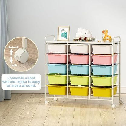 Ytaoka 15 Drawers Rolling Cart With Wheels, Plastic Storage Drawer With Metal Frame, Multipurpose Art Craft Organizer, Utility Cart for Home, Office, School, Multicolor