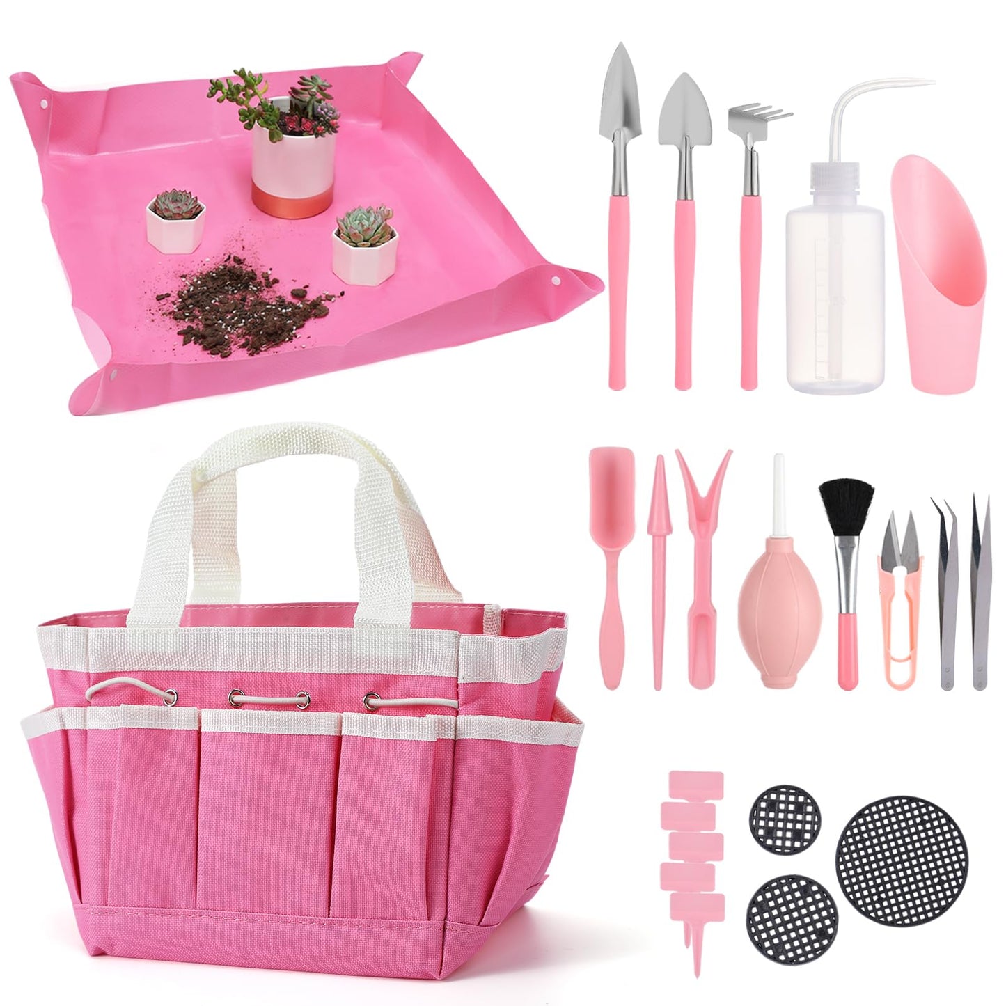 44pcs Small Gardening Tools Gifts for Women Beginners - Garden Hand Tools Set for Indoor Succulent Bonsai Plants Transplanting, Included Bag/Repotting Mat/Shovel/Labels, Pink