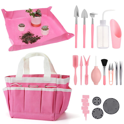 44pcs Small Gardening Tools Gifts for Women Beginners - Garden Hand Tools Set for Indoor Succulent Bonsai Plants Transplanting, Included Bag/Repotting Mat/Shovel/Labels, Pink