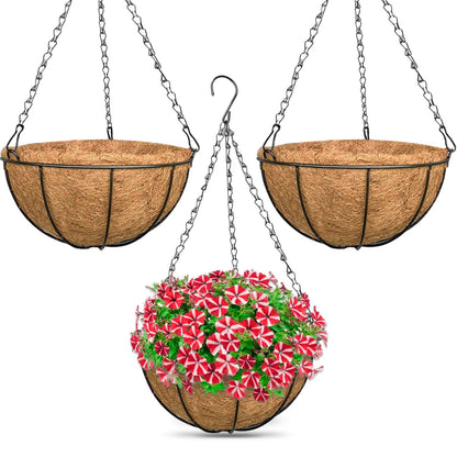 ZeeDix 3 Pack 14 Inch Hanging Baskets for Plants Outdoor Indoor, Metal Hanging Planters Flower Pots with Coco Liners Replacement, Decor Garden Flowers Vegetables Plants