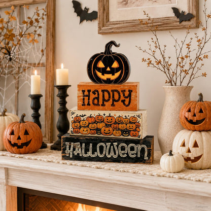 4 Pcs Halloween Tiered Tray Decor, Farmhouse Rustic Wooden Block Signs with Scary Jack-O-Lantern, Happy Halloween Pumpkin Tabletop Centerpiece for Home Kitchen Mantel Shelf