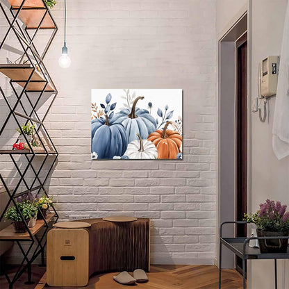 Prime Leader Fall Canvas Wall Art - Thanksgiving Blue Leaves Pumpkin White Background - Modern Wall Decor Gallery Canvas Wraps Giclee Print Stretched and Framed Ready to Hang - 16" x 20"