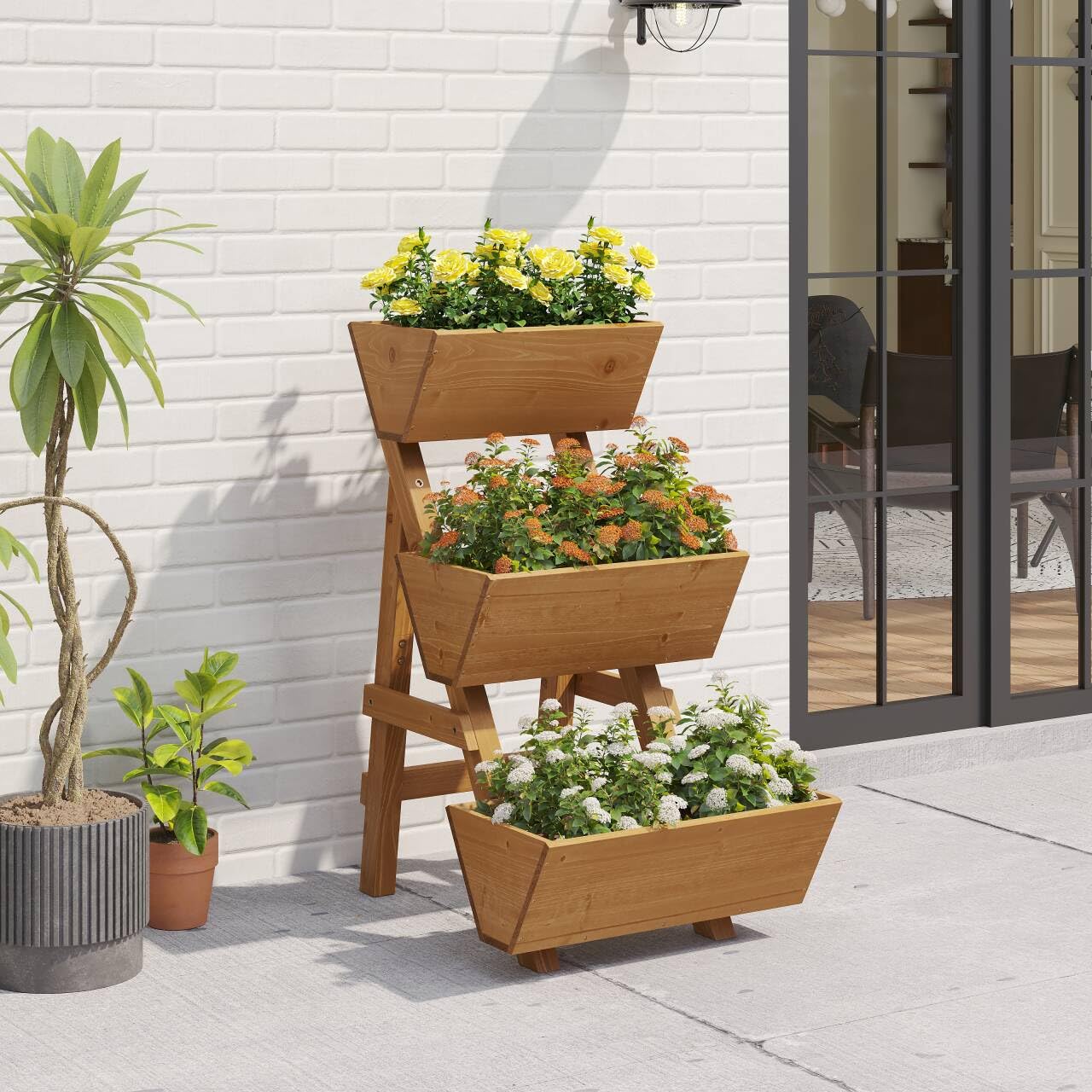 Dawnyard 3-Tiers Wooden Raised Garden Bed Planter Box Flower Pots Vertical Garden Planter Wood Plant Stand for Vegetables Flowers Herbs for Patio, Balcony, Freestanding (Brown S)