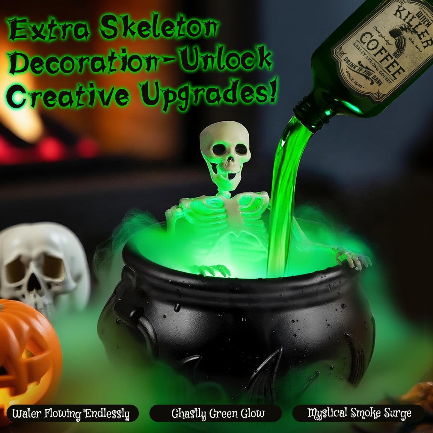 Halloween Decorations Indoor, Cauldron Halloween Decor Set with Magic Floating Potion Bottles Skeleton Mist Maker, Black Witches Cauldron Diffuser for Home Kitchen Mantel Party Decor