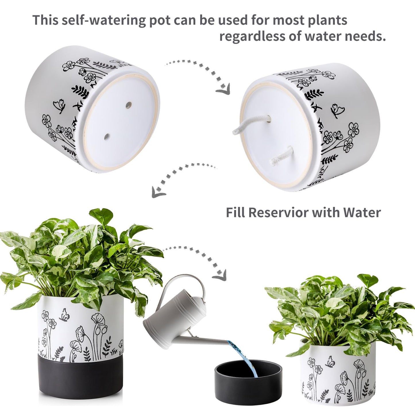 Nihow Self Watering Plant Pot: 6 Inch Ceramic Planter with Drainage Hole & Water Storage Plus for Indoor & Outdoor Plants - Cylinder Round Flower Pot for Succulent/Herbs/Violets -White