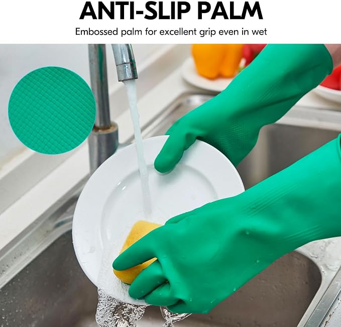 Vgo... 10-Pairs Reusable Household Gloves, Rubber Dishwashing gloves, Extra Thickness, Long Sleeves, Kitchen Cleaning, Working, Painting, Gardening, Pet Care (Size XL, Green, HH4601)