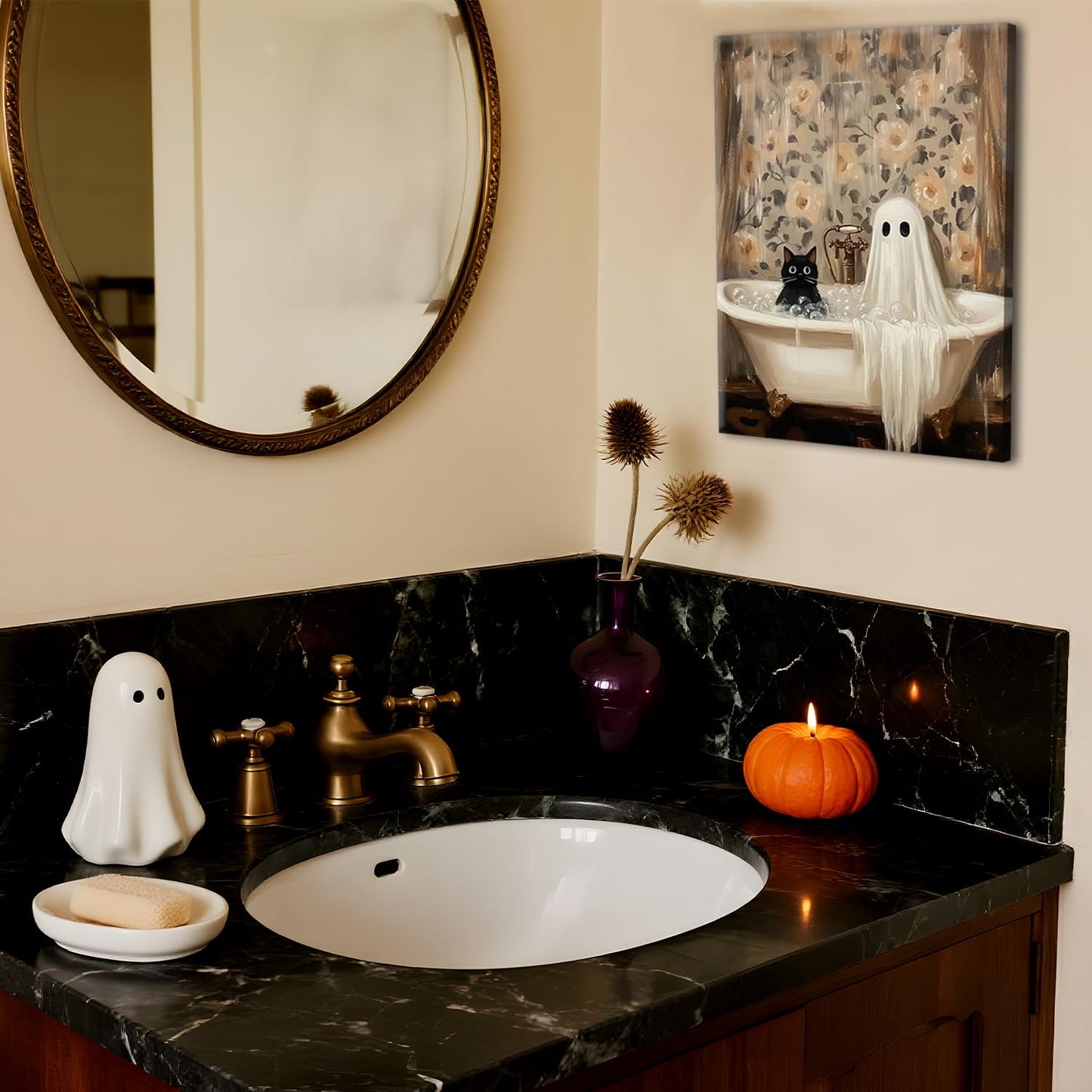 Halloween Ghost Bathroom Canvas Wall Art, Horror Ghost and Cute Black Cat in Bathtub Pictures Wall Decor, Gothic Dark Academia Paintings Prints for Toilet Dorm 12x16 inch Framed
