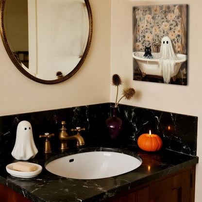 Halloween Ghost Bathroom Canvas Wall Art, Horror Ghost and Cute Black Cat in Bathtub Pictures Wall Decor, Gothic Dark Academia Paintings Prints for Toilet Dorm 12x16 inch Framed