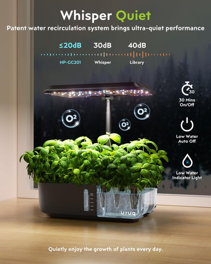 URUQ Hydroponics Growing System Garden: 12 Pods Indoor Gardening System with Custom Time Grow Light Height Adjustable Quiet Plants Germination Kit - Gardening Gifts Charcoal