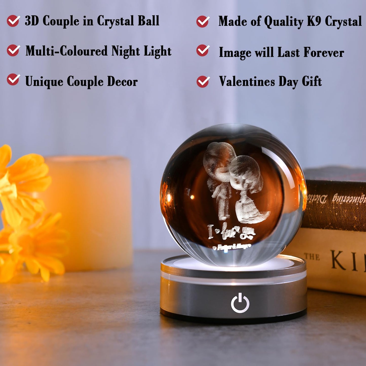 IFOLAINA 3D Couple Crystal Ball Night Light - Laser Engraved Glass Valentine Sphere for Wife - Decorative Crystal Globe Decor - I Love You Gift for Her Anniversary Birthday