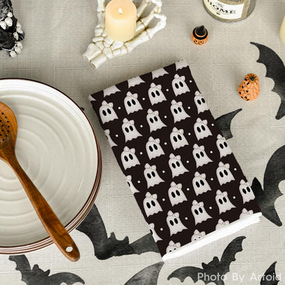 Artoid Mode Black Ghost Spooky Halloween Kitchen Towels Dish Towels, 18x26 Inch Bow Knot Decoration Hand Towels Set of 2