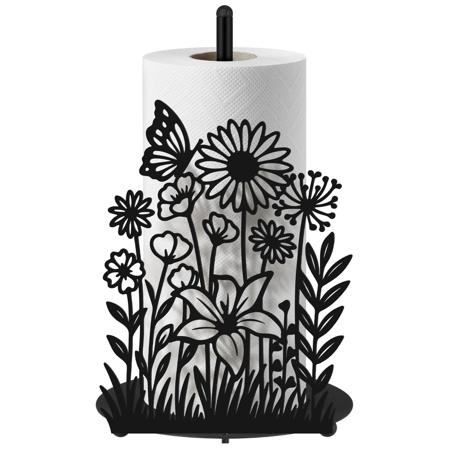 Yiyiring Wildflower Kitchen Countertop Paper Towel Holder Decorative Paper Towel Holder Black Metal Tissue Stand Kitchen Decor Accessories for Home Party Bathroom Countertop Dining Table