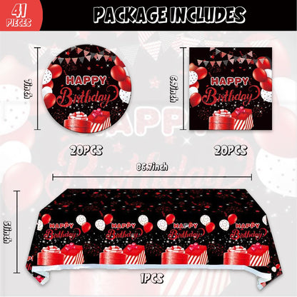 41pcs Black and red Party Supplies ,include 20 Plates, 20 Napkin and 1pcs Tablecloth,Used for Black and red Birthday Party Decoration (AAA)