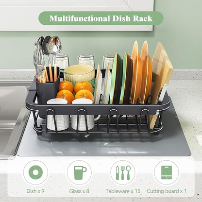Urackify Expandable Dish Drying Rack Over The Sink, Adjustable Dish Rack in Sink, Rustproof Dish Drainer for Kitchen Counter, Dish Strainer with Utensil Holder (Black, Standard)