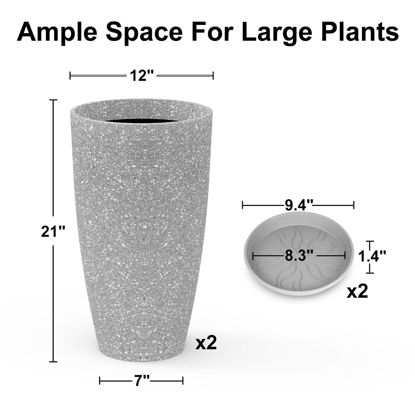GameXcel Tall Flower Pot Indoor - Outdoor Plant Pot - Gray Rough Planter - Elegant Stone Imitation - 12" Diameter 21" Tall with Drainage Holes and Saucer 2 Pack