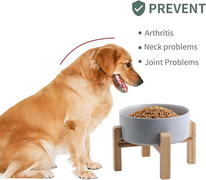 Grey Raised/Elevated Ceramic Dog Bowl for Small Medium Sized Breeds,Dog Food Water Bowl with Stand,6 in Non Slip Heavy Pet Feeding Dish 3.6 Cups/ 850 ml /28 OZ