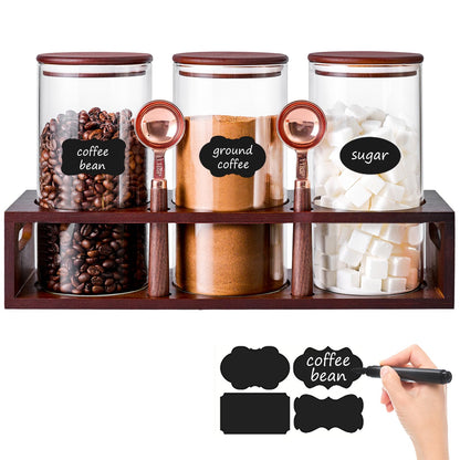 ZOMUIA Glass Coffee Containers Airtight Coffee Bean Storage Canisters with Shelf, 3Pcs 44oz Coffee Station Organizer, Kitchen Food Storage Jars for Sugar, Candy, Oats, Nuts (Retro)