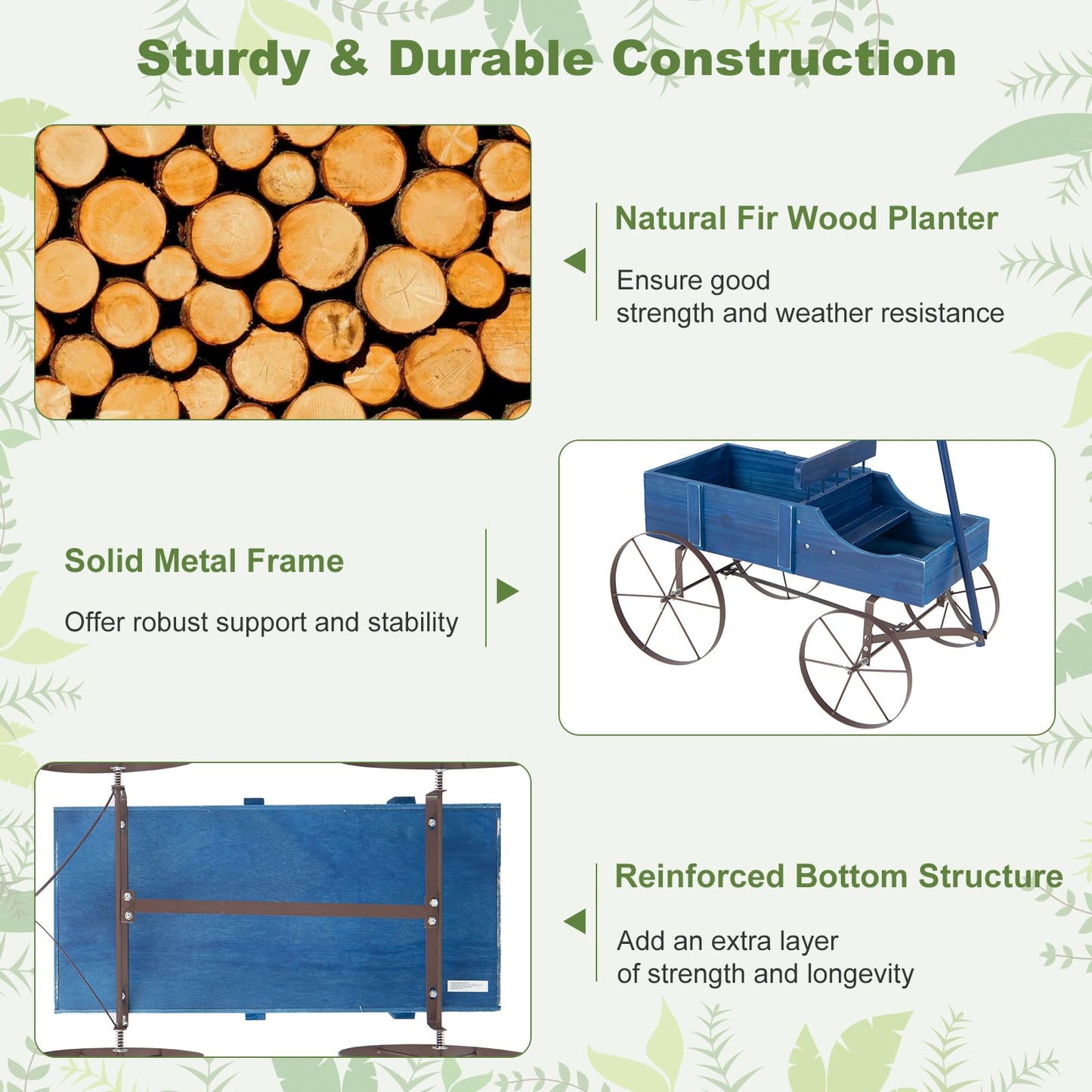 HAPPYGRILL Wooden Wagon Planter, 24.5” x 13.5” x 24” Decorative Garden Planter w/ 2 Planting Sections, Wheels, Handle, Small Decorated Cart, Flower Planter Box for Indoor Outdoor Festival Patio (Blue)
