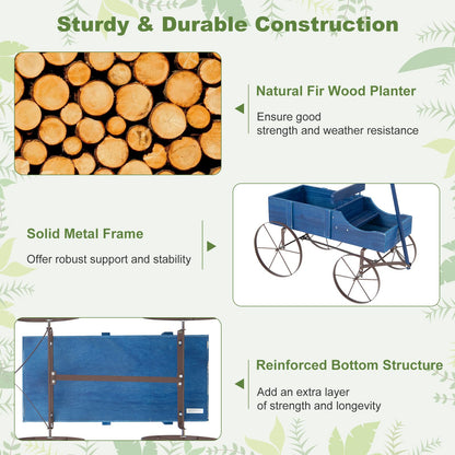 HAPPYGRILL Wooden Wagon Planter, 24.5” x 13.5” x 24” Decorative Garden Planter w/ 2 Planting Sections, Wheels, Handle, Small Decorated Cart, Flower Planter Box for Indoor Outdoor Festival Patio (Blue)