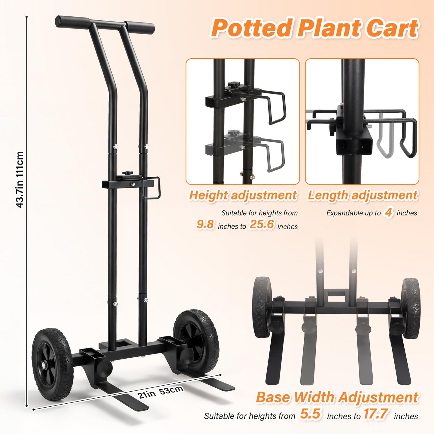 Heavy Duty Plant Caddy with Wheels, 175Lbs Adjustable Plant Dolly Cart with Grab Arm/Suction Cups/Strap, Dual Protection Potted Plant Mover Cart for Indoor Outdoor Garden Courtyard Office, Black