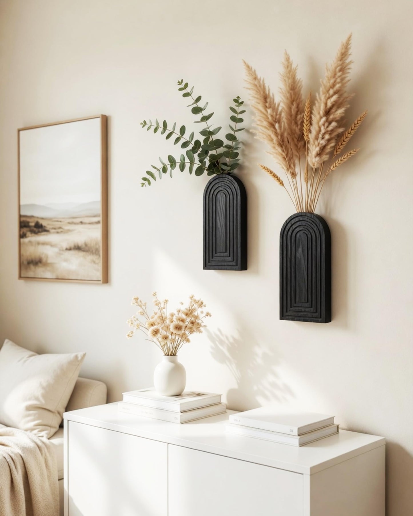 2 Pack Wooden Wall Vase Set - Boho & Modern Farmhouse Wall Decor, Hanging Planter for Indoor Plants & Flowers, Wood Mounted Art for Living Room, Bathroom, Hallway, Home Decor (Black, Large)
