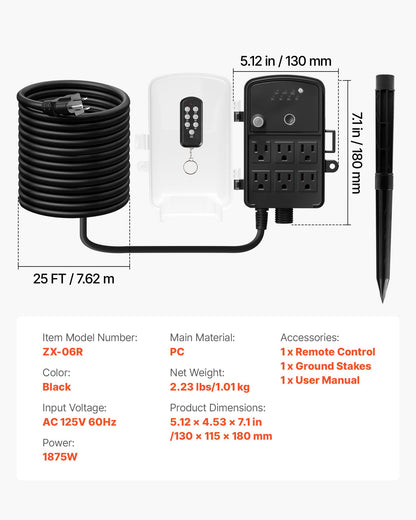 VEVOR Outdoor Power Stake Timer, 25FT Extension Cord, Remote Control Outdoor Power Strip with Cover, Dusk to Dawn Light Timer Waterproof, 6 Outlets for Halloween Christmas Lights, Garden Decorations
