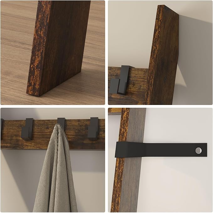 IBUYKE 5-Tier Blanket Ladder Shelf,Ladder Rack for Storage and Decor,Wooden Blanket Holder with Hooks,Easy Assembly for Bedroom,Rustic Brown TTR006H