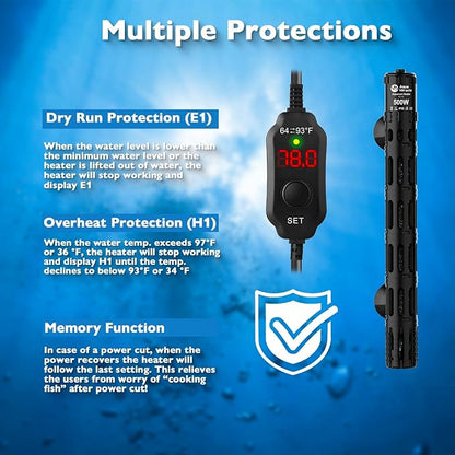 AquaMiracle Submersible Aquarium Heaters, 500W Fish Tank Heater with LED Digital Temp Display, Dry-Run Auto Power-Off & Overheat Protection, for Freshwater and Saltwater Tanks (75-120 Gal)