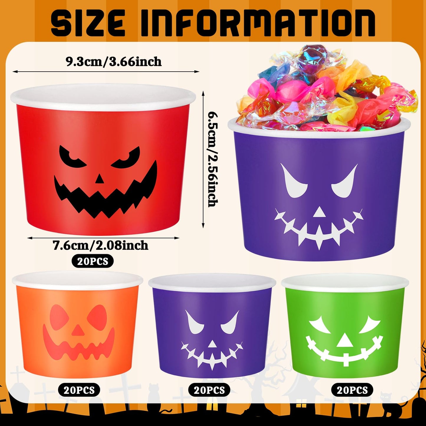 Uiifan 80 Pcs 8 Oz Halloween Disposable Cups Paper Snack Cups Halloween Party Cups Disposable Pumpkin Bowls for Adult Coffee Juice Hot Cold Drinks Candy Snack Party Supplies, 4 Styles