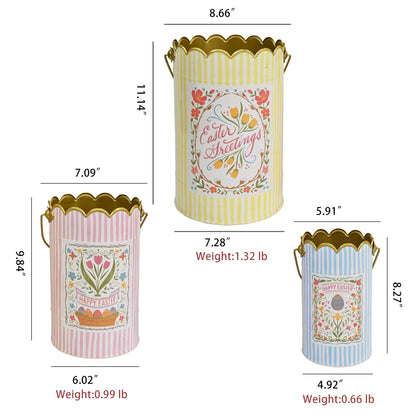 Zorvynelle Set of 3 Metal Bucket with Handle Decorative Floral Basket Bucket Cute Striped Design Flower Planter for Easter, Gift Baskets, Garden & Home Decor