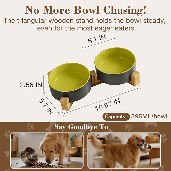 Ceramic Dog and Cat Bowl Set with Wooden Stand Matte Glaze Elevated Food Water Set Anti-Tip Non-Slip Weighted for Cats Small Breed Dogs-Green-13.3OZ