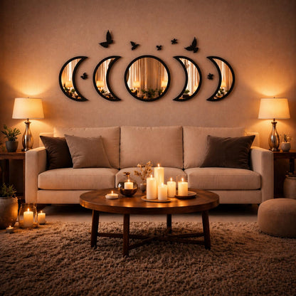 NESHE Moon Phase Mirror Wall Decor Set with Birds | Gothic Witchy Boho Wall Mirror Decor | Scandinavian Aesthetic Home Decor for Bedroom Living Room (Black)