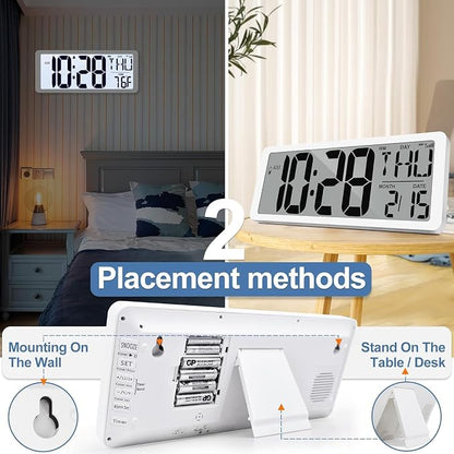 Atomic Clock with Backlight 15.0" Digital Wall Clock Battery Operated Atomic Wall Clock Digital Alarm Clock with Day Date & Temperature for Wall Office Bedroom Living Room