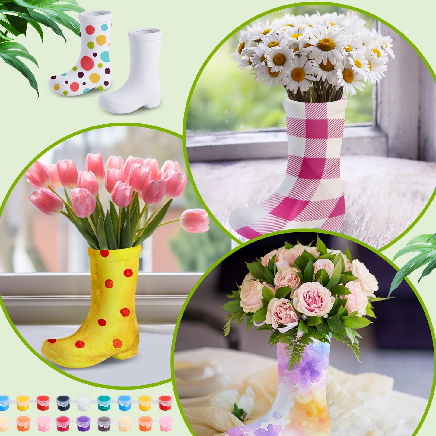 Yerliker 4 Pcs Mini Spring Boot Vase 5.91'' Tall DIY Boot Ceramic Planter White Finish Flower Vase Centerpieces with Palette Paintbrush Pigment for Indoor Outdoor Home Room Office Decor