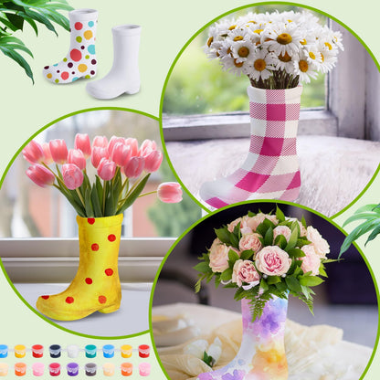 Yerliker 4 Pcs Mini Spring Boot Vase 5.91'' Tall DIY Boot Ceramic Planter White Finish Flower Vase Centerpieces with Palette Paintbrush Pigment for Indoor Outdoor Home Room Office Decor