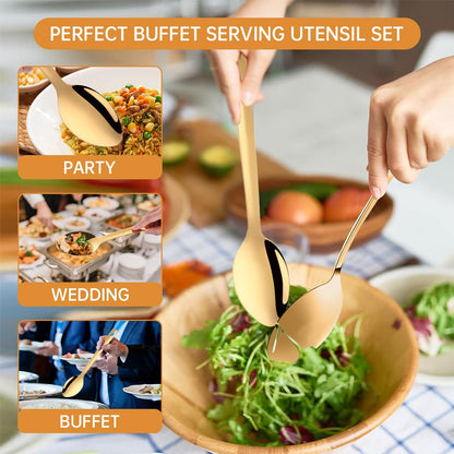 13-Inch Large Stainless Steel Serving Spoons Set, Long Handle Buffet Utensils, Dishwasher Safe (Gold, 6 piece)