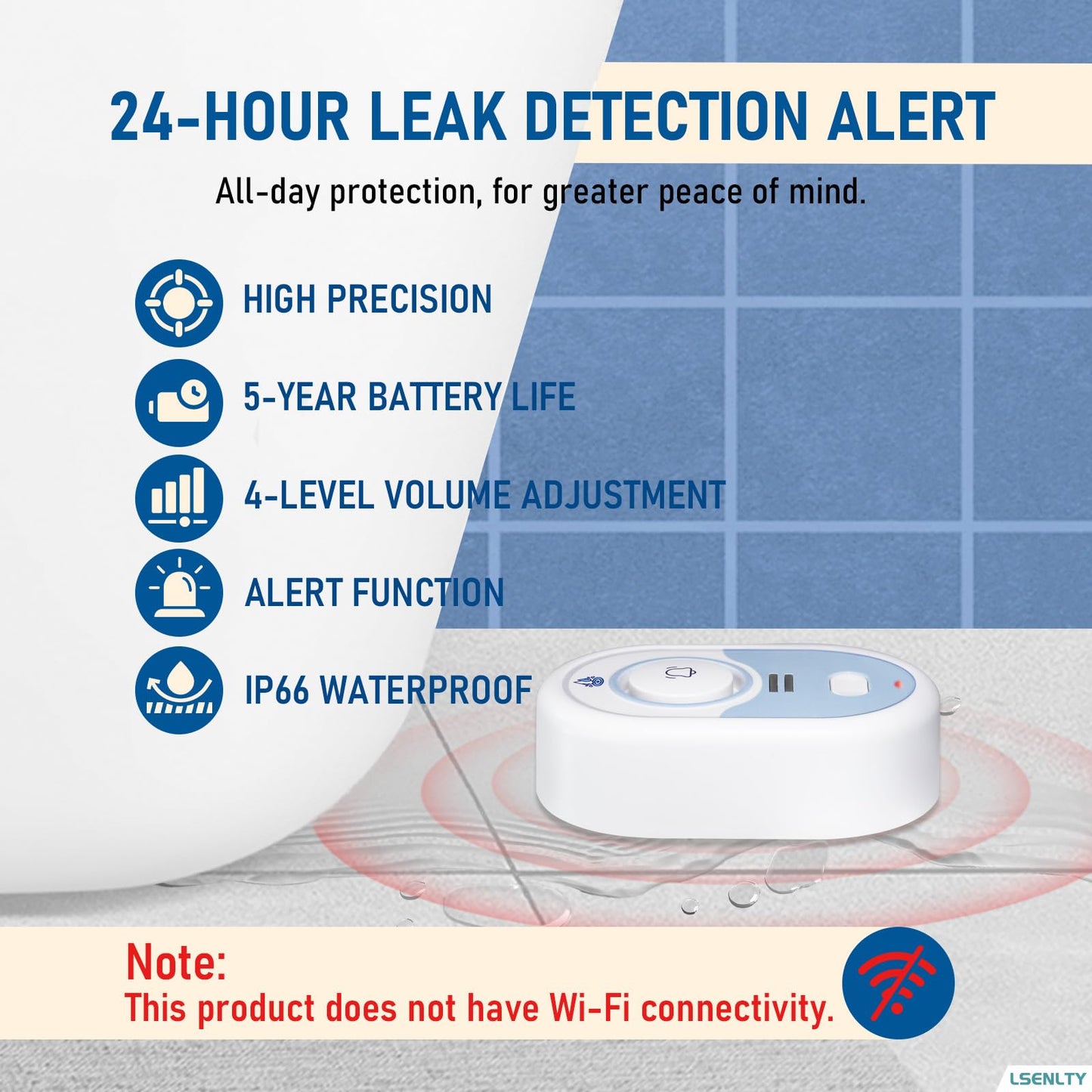 LSENTLY Water Leak Detector Supports 5 Years Standby Time, LED Indicator & 100dB Leak Alarm & Low Battery Reminder Water Alarm, IP66 Waterproof for Home, 8 Pack (Cannot Connect Wi-Fi)