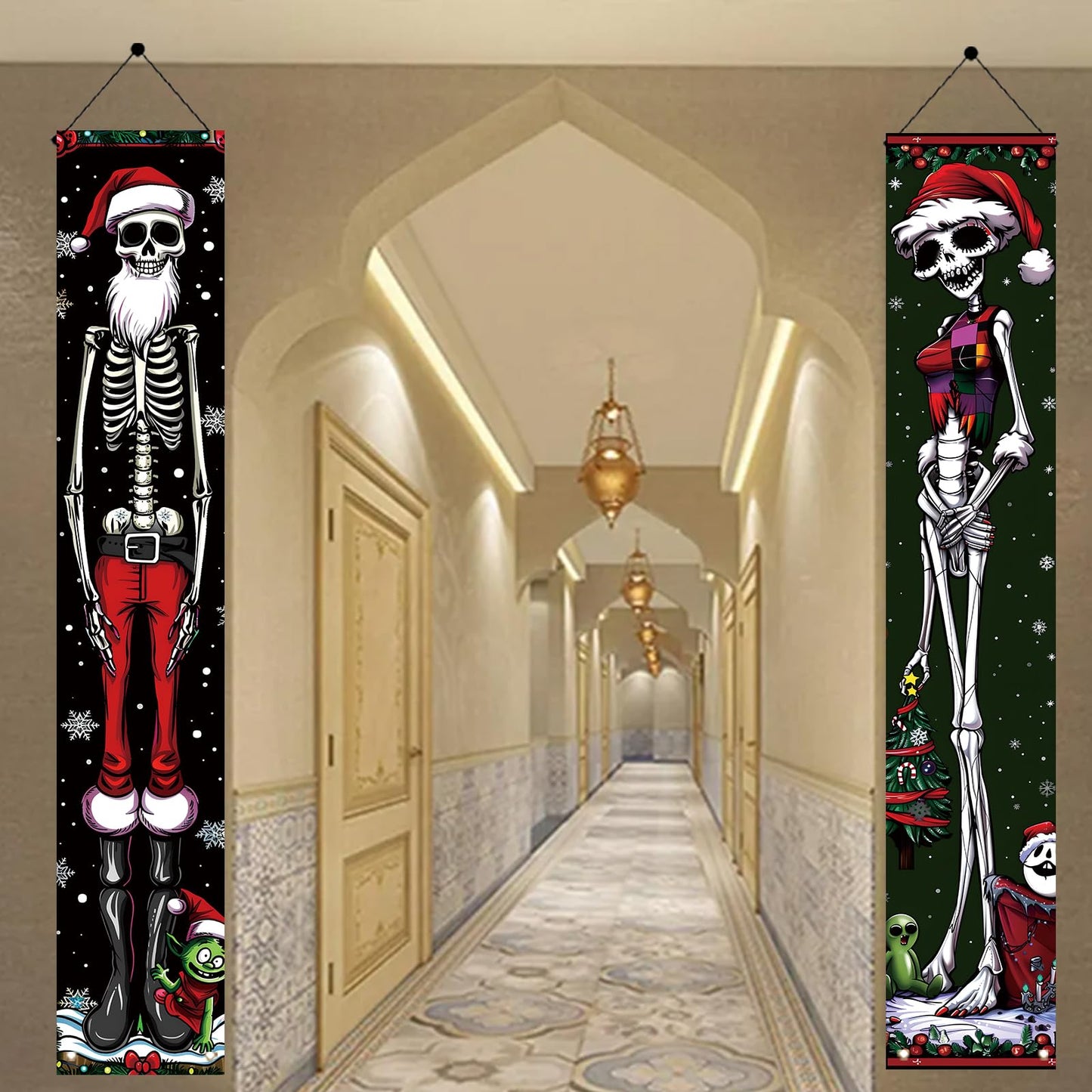 Saoplasa 2PCS Christmas Skeleton Porch Banner Decorations 71 x 12 Inch Holiday Skeleton Couple Front Door Hanging Sign Santa Hat Red Green Outfit Outdoor Wall Decor for Winter Party Yard Entrance