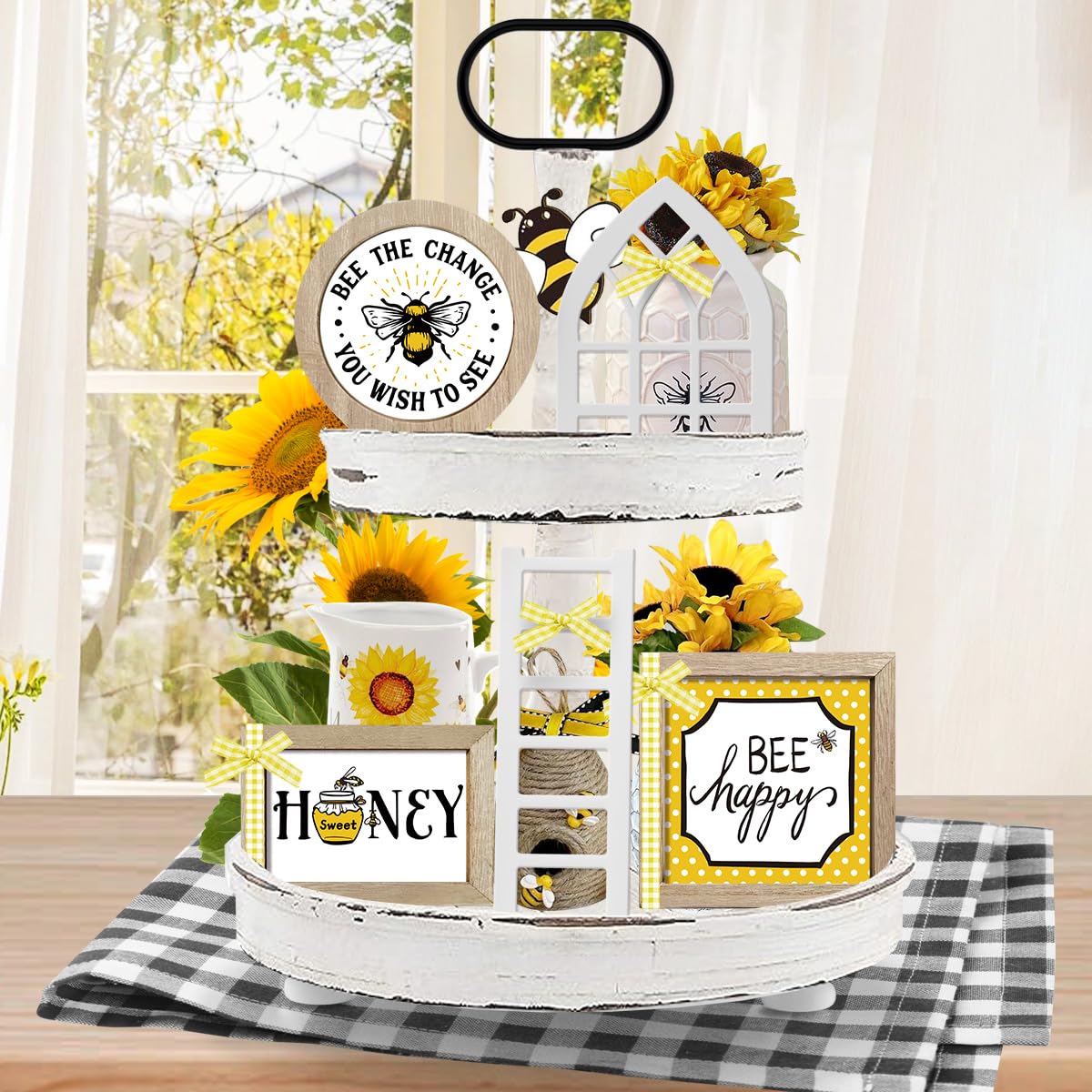 nuvagiki Interchangeable Seasonal Tiered Tray Decor Set, Farmhouse Holiday Wooden Sign Kit with Frames, Ladder & Arch, Year Round Home Decorations for Bee Spring Summer Patriotic (Tray Not Included)