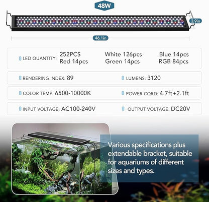 hygger Sun Moon LED Aquarium Light, Full Spectrum Fish Tank Light Day-Night Dual Timer, Adjustable 6 Timer 10 Brightness 8 Colors for Planted Freshwater Tank