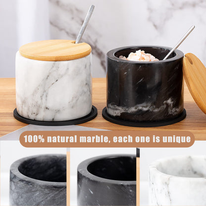 NHKRTE Marble Sugar Bowl with Lid & Spoon, Black & White Grey, 11oz