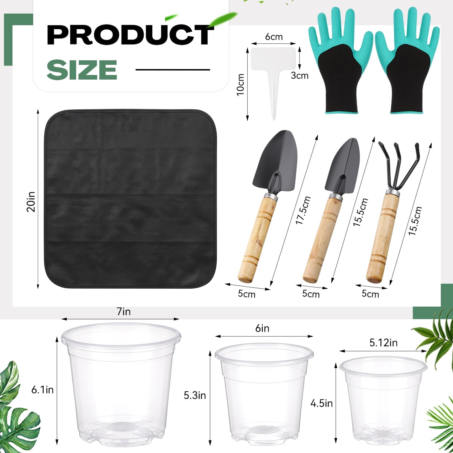 Yiyiring 83 Pcs Garden Supplies Tools Kit, 5/6/7 Inch Clear Plastic Plant Pots with Transplanting Mat, Trowel Cultivator Rake Set, Label & Glove, Succulent Tools Gift for Plant Lovers Accessory
