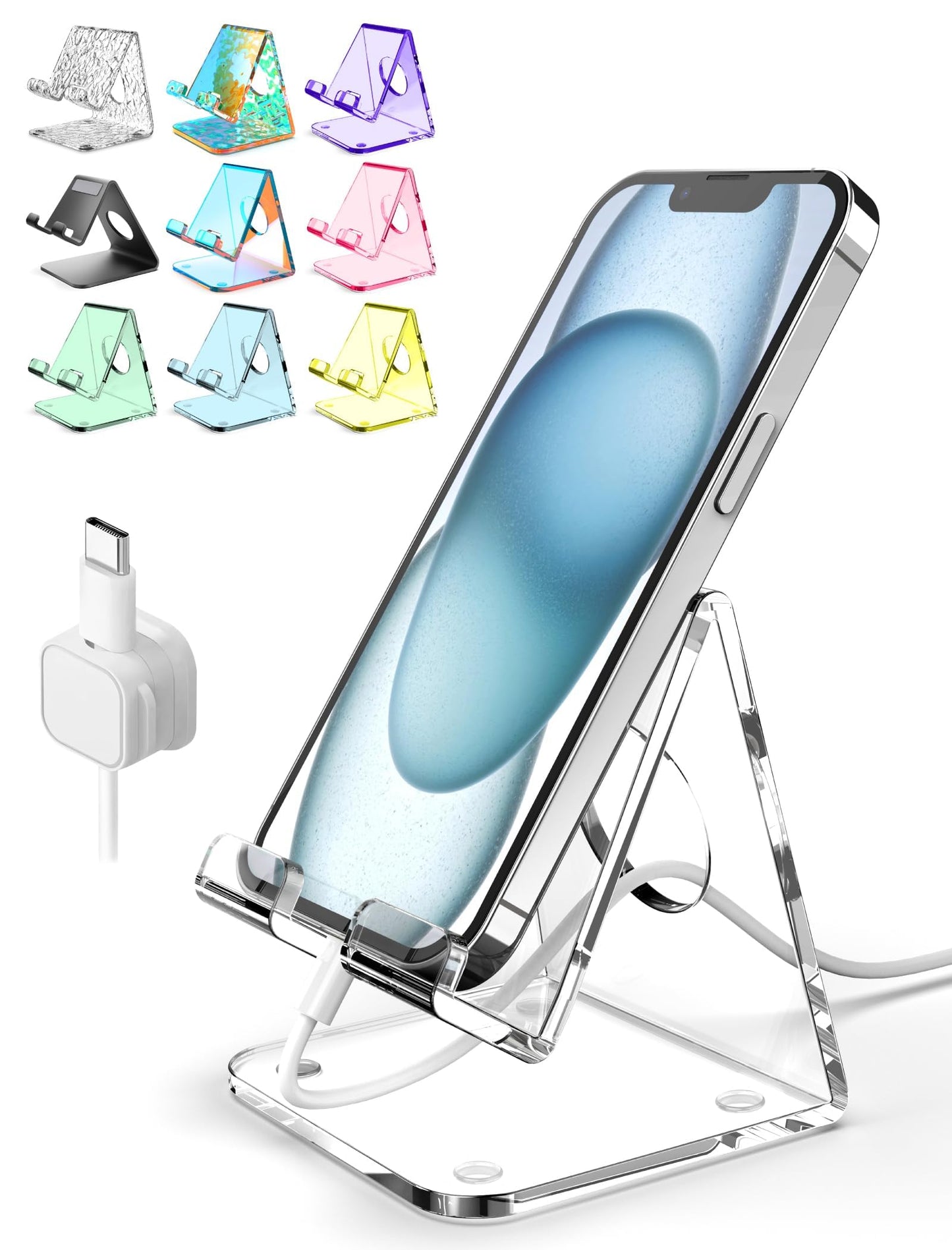 TOPGO Acrylic Cell Phone Stand, Clear Phone Holder for Office Desk, Vanity, Kitchen, Bedside Table, Compatible with iPhone 17/Smartphones/iPad/Switch/Kindle, Office Desk Accessories
