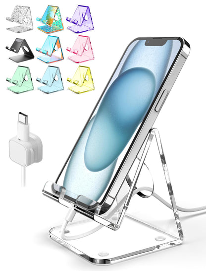 TOPGO Acrylic Cell Phone Stand, Clear Phone Holder for Office Desk, Vanity, Kitchen, Bedside Table, Compatible with iPhone 17/Smartphones/iPad/Switch/Kindle, Office Desk Accessories