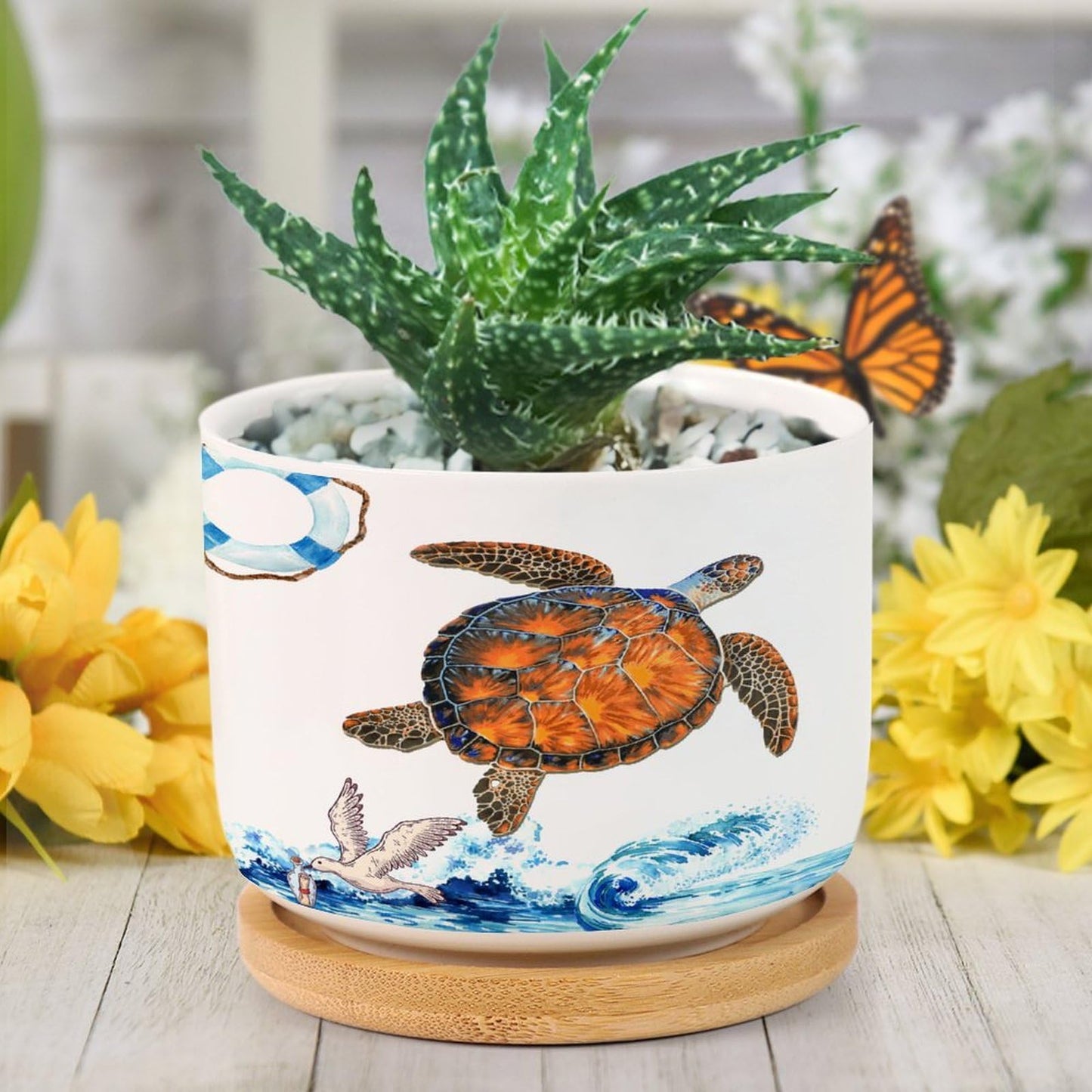 DreamAutumn Ocean Theme Sea Turtle Ceramic Pots for Plants with Drainage Holes Round Flower Pot Bamboo Tray Orchid Pot Succulents Pots for Outdoor Indoor Plants,Housewarming Gifts